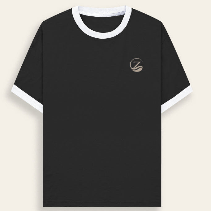 Zenrola Heritage Ringer T-Shirt in White Black — Unisex Cotton Tee Front View