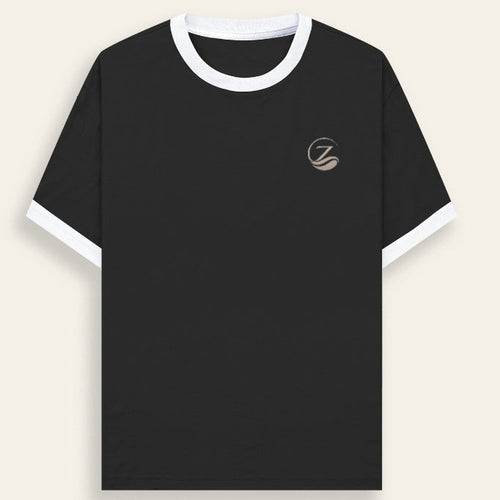 Zenrola Heritage Ringer T-Shirt in White Black — Unisex Cotton Tee Front View
