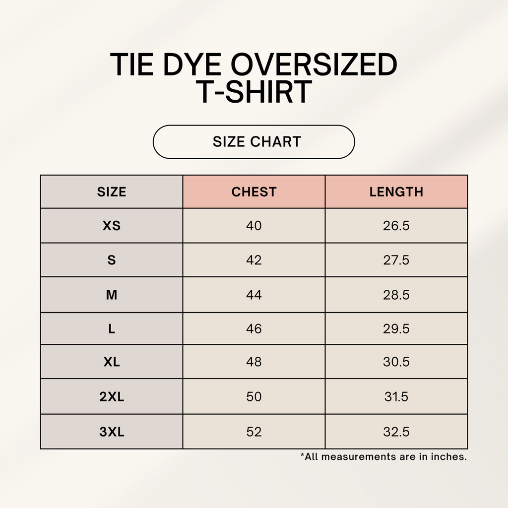 Size chart for Zenrola Drift Tie-Dye Oversized Tee – White Black, showing measurements for XS to 3XL