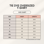 Size chart for Zenrola Drift Tie-Dye Oversized Tee – White Black, showing measurements for XS to 3XL