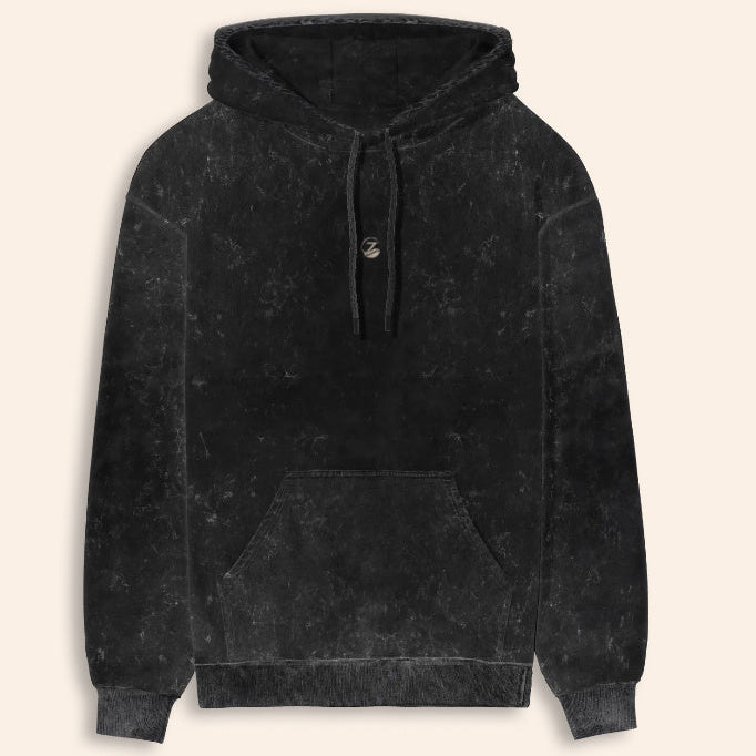 Zenrola Heavyweight Acid Wash Hoodie – Black – Front View
