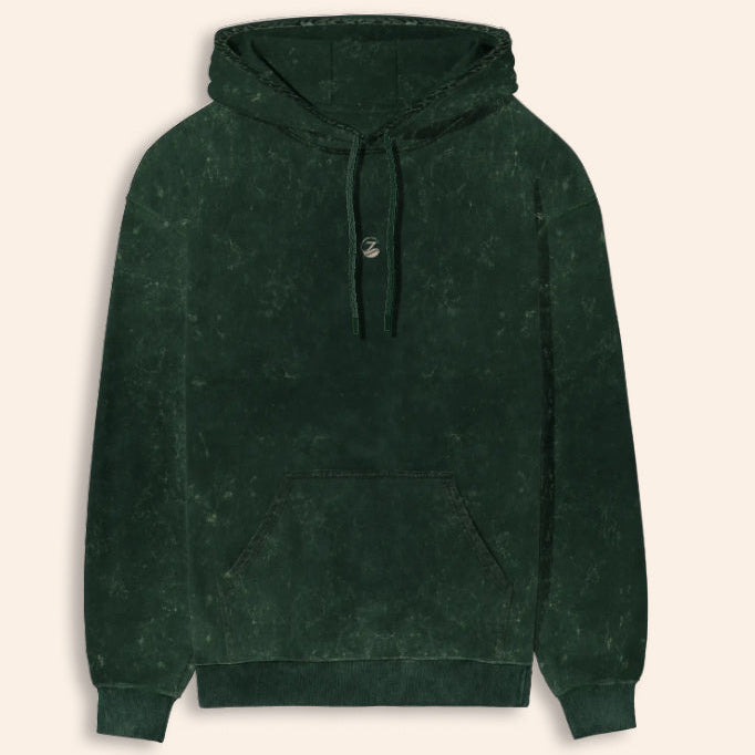 Zenrola Heavyweight Acid Wash Hoodie – Bottle Green – Front View