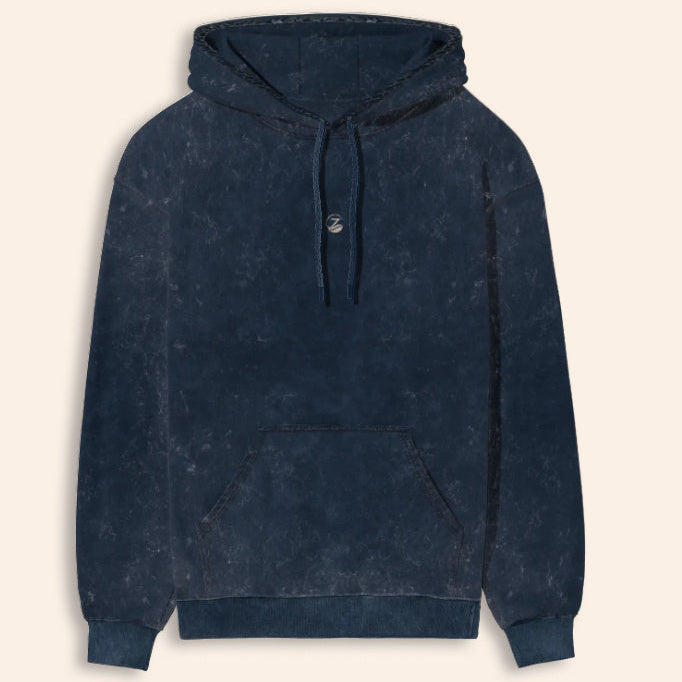Zenrola Heavyweight Acid Wash Hoodie – Navy Blue – Front View