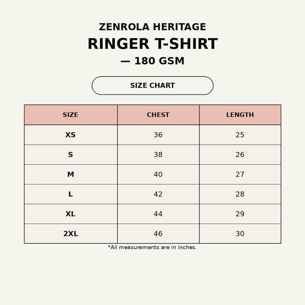 Zenrola Heritage Ringer T-Shirt Size Chart — XS to XXL