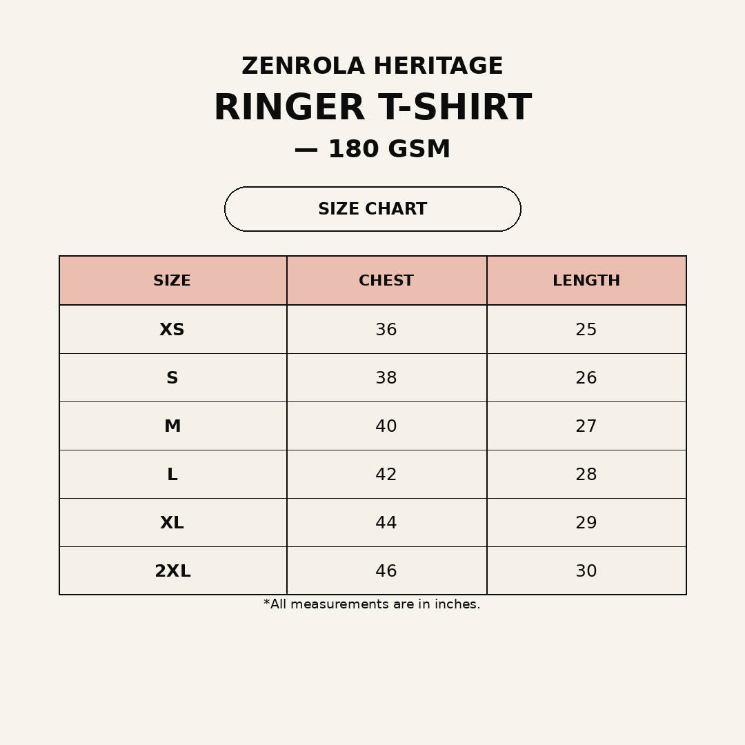 Zenrola Heritage Ringer T-Shirt Size Chart — XS to XXL