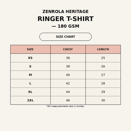 Zenrola Heritage Ringer T-Shirt Size Chart — XS to XXL