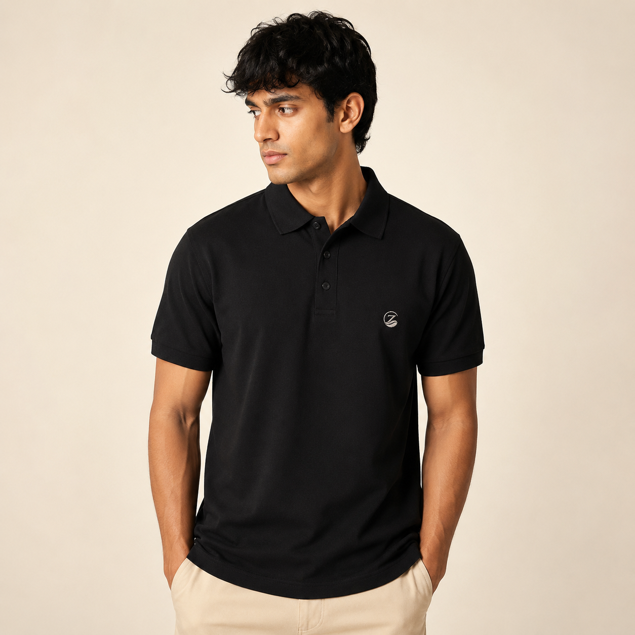 Zenrola_Mens_Airtex_Polo_Shirt_Black_Model_View