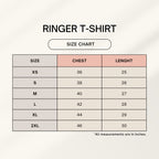 Size chart for Zenrola ringer t-shirts with chest and length measurements.