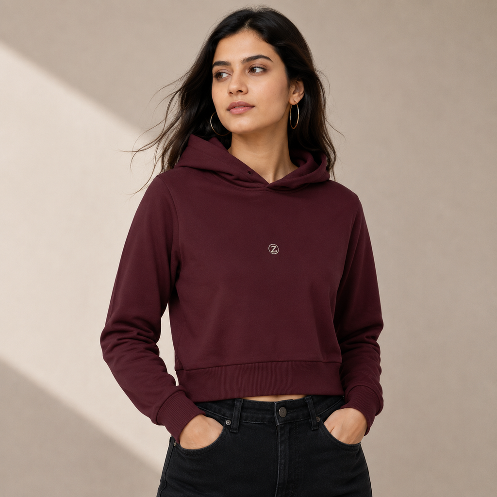 Zenrola_Womens_Cropped_Hoodie_Maroon_Front_Model
