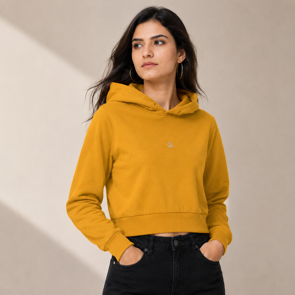 Zenrola_Womens_Cropped_Hoodie_Mustard_Yellow_Front_Model