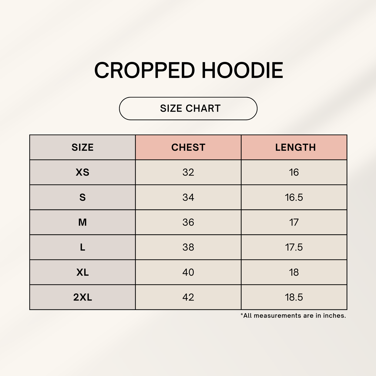 Zenrola Women's Cropped Hoodie – Size Chart