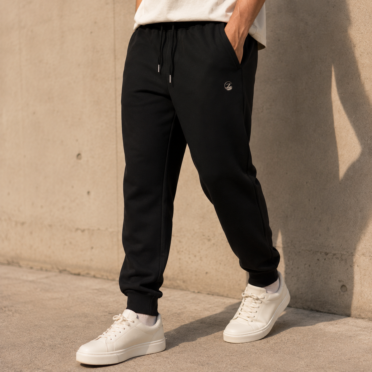 Zenrola Elevated Lounge Joggers in Black – Model Wearing Relaxed Tapered Fit