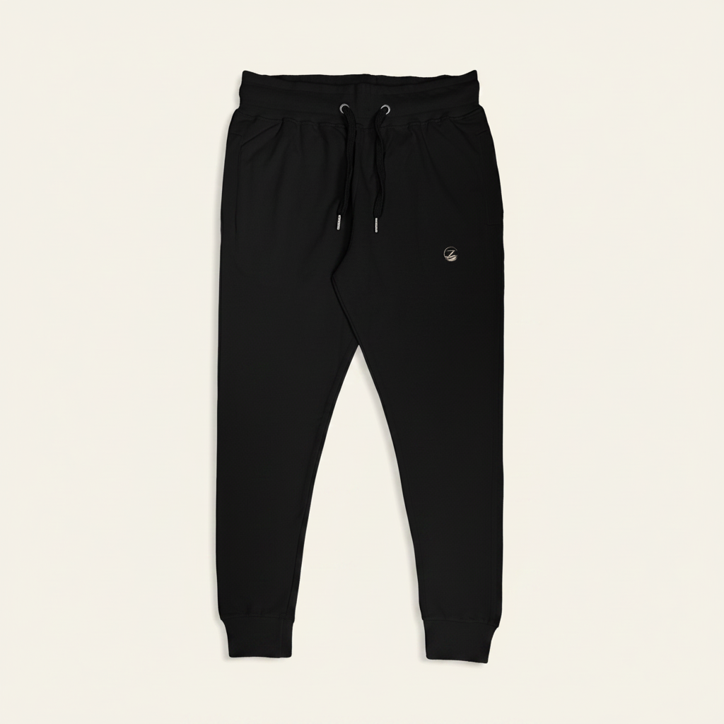 Zenrola Elevated Lounge Joggers in Black – Flat Lay Front View