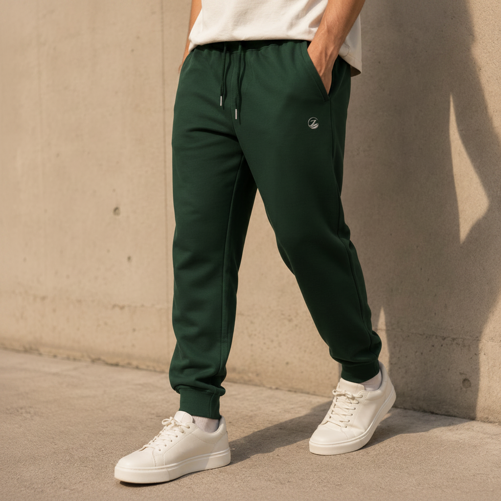Zenrola Elevated Lounge Joggers – Bottle Green Model Shot with Logo