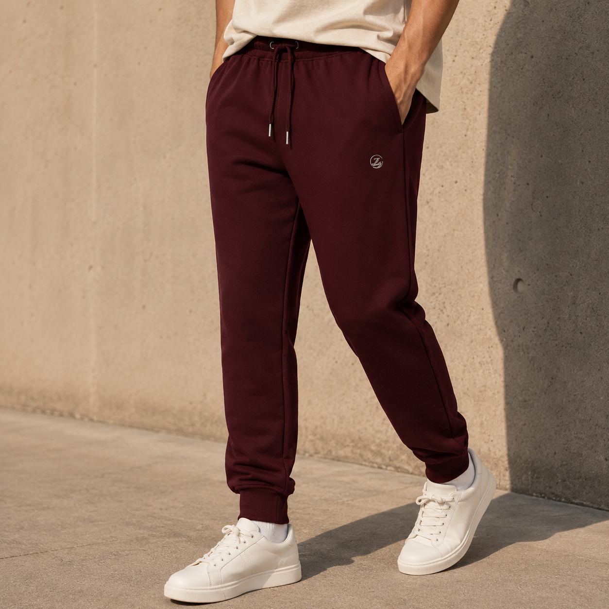 Zenrola Elevated Lounge Joggers in Maroon – Model Wearing Relaxed Tapered Fit