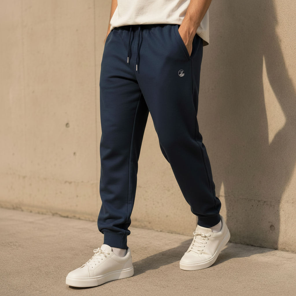 Zenrola Elevated Lounge Joggers – Navy Blue Model Shot