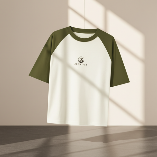 Zenrola Essence Raglan Tee in Olive Green & Off White – Unisex Oversized Cotton Raglan T-Shirt
