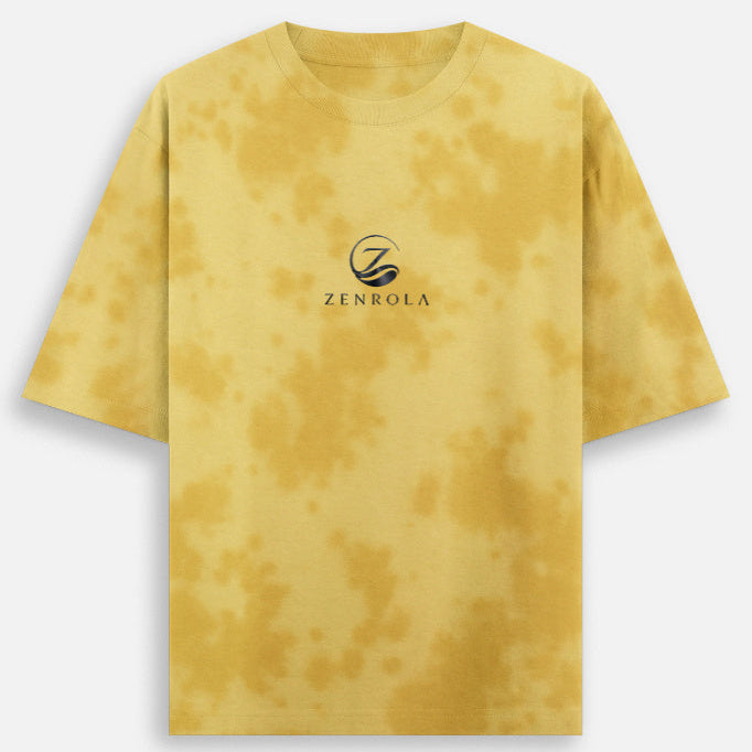 Front view of the Zenrola Essence tie-dye t-shirt in yellow with centered brand logo