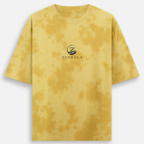Front view of the Zenrola Essence tie-dye t-shirt in yellow with centered brand logo
