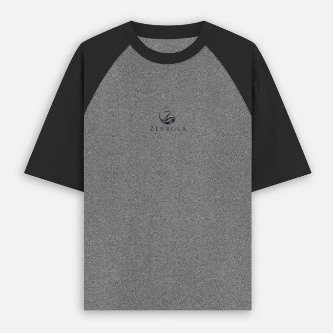 Zenrola premium grey and black oversized raglan tee with minimalist logo design.
