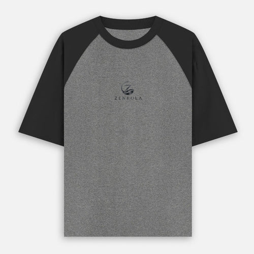 Zenrola premium grey and black oversized raglan tee with minimalist logo design.