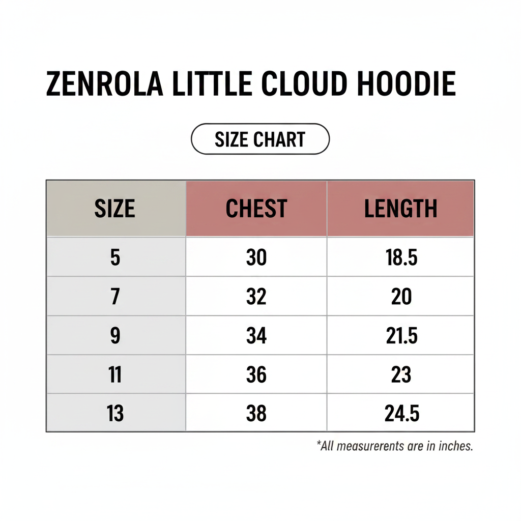 Zenrola Little Cloud Hoodie Size Chart