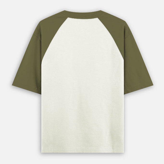 Zenrola premium olive and cream oversized raglan tee back image. #OliveGreenoffwhite