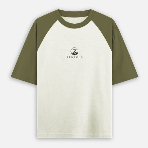 Zenrola premium olive and cream oversized raglan tee with minimalist logo design.