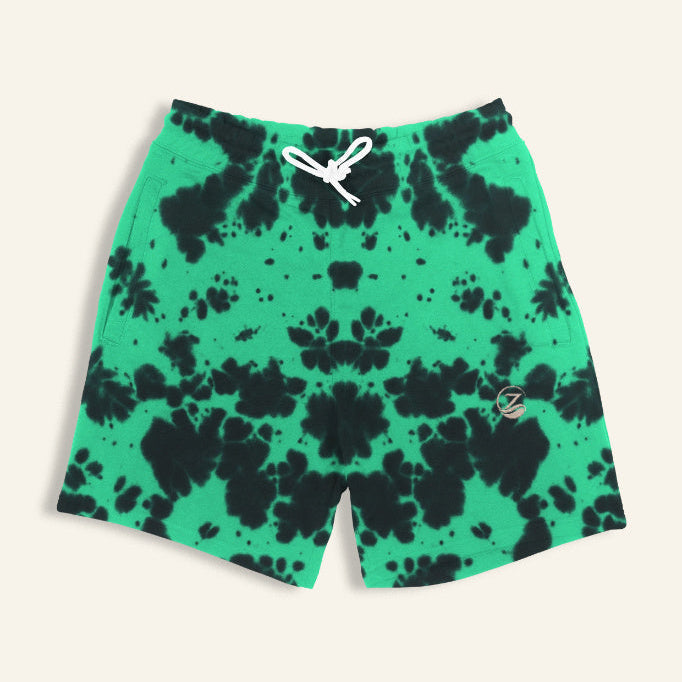 Zenrola Tie-Dye Shorts in Green Black – Flat Lay Front View