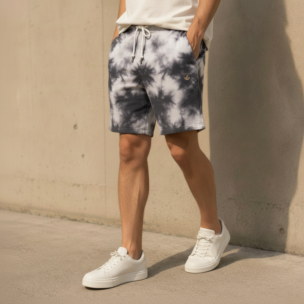 Zenrola Tie-Dye Shorts – White Black Model Focus Shot