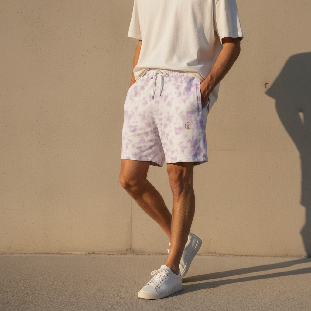 Zenrola Tie-Dye Shorts – White Lavender Model Shot