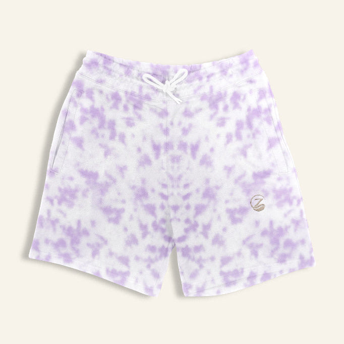 Zenrola Tie-Dye Shorts in White Lavender – Flat Lay Front View
