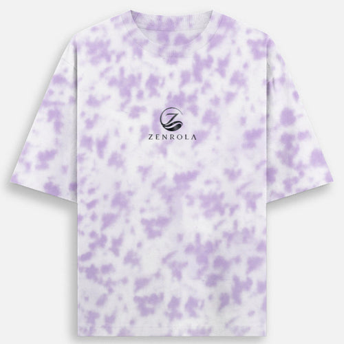 Front view of the Zenrola Zence tie-dye t-shirt in purple with centered brand logo