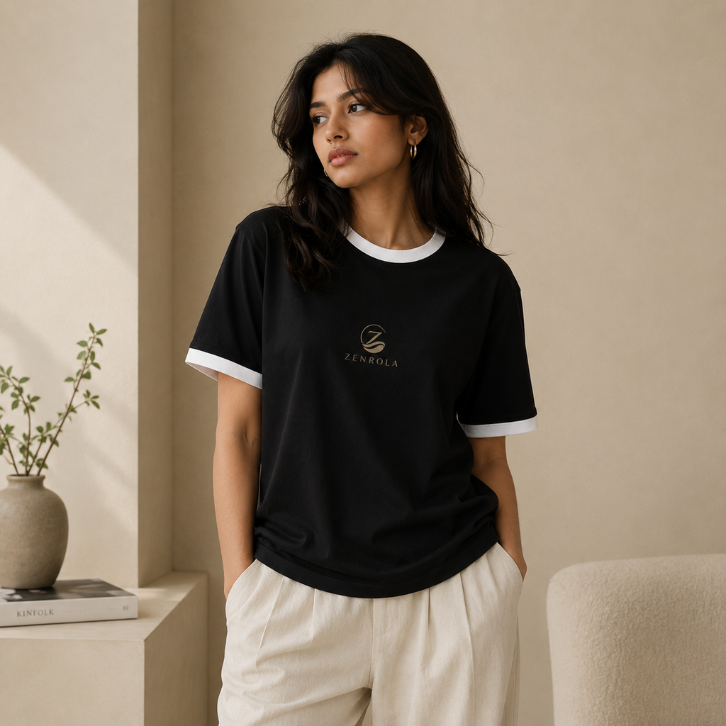 Young Indian woman wearing the Zenrola black unisex ringer T-shirt with white ribbed collar and sleeve cuffs, paired with cream trousers in a warm minimalist studio.