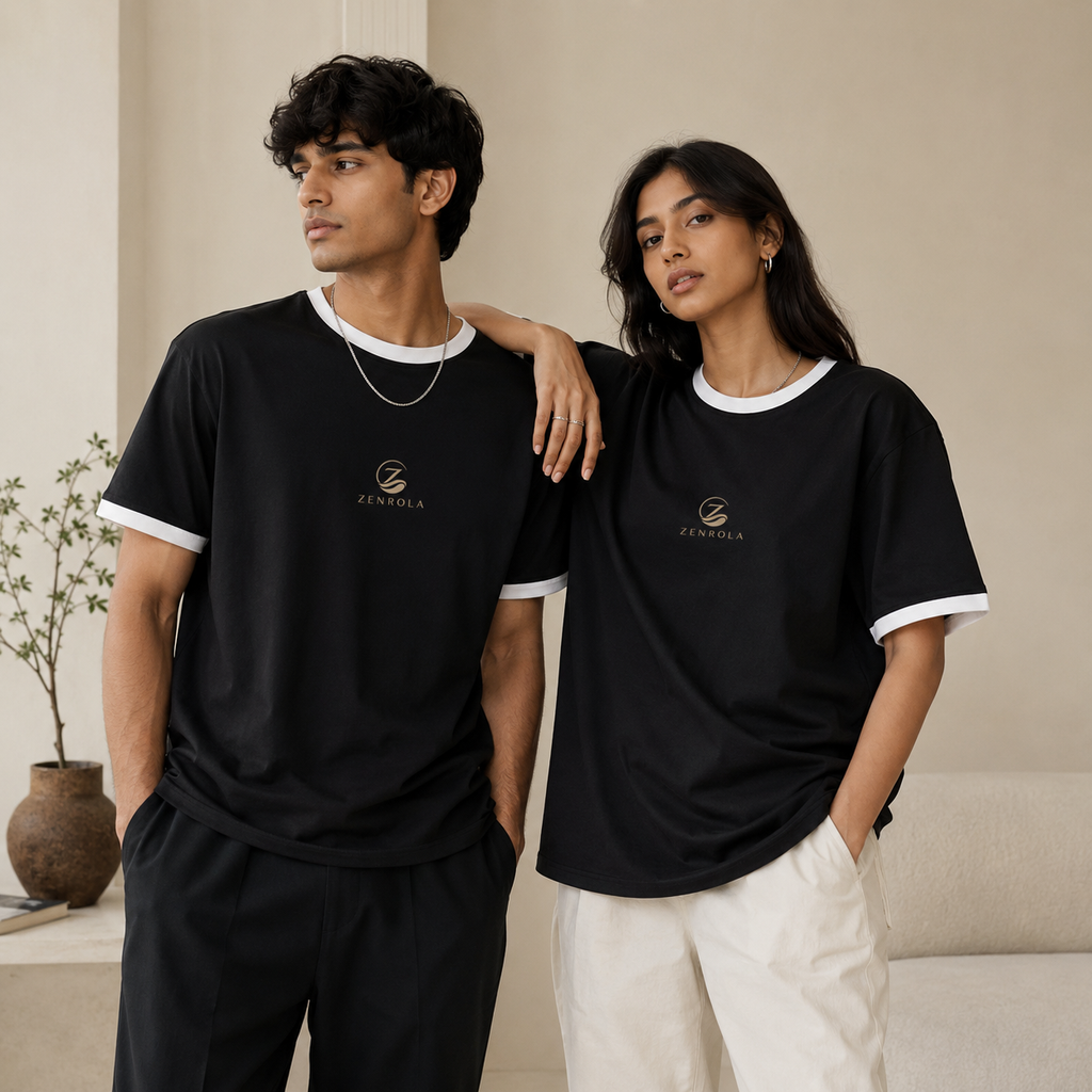 Young Indian man and woman wearing the Zenrola black unisex ringer T-shirt with white ribbed collar and sleeve cuffs in a minimalist beige studio, showcasing a relaxed everyday fit.