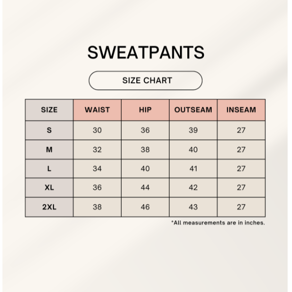 Zenrola Terry Sweatpants Size Chart