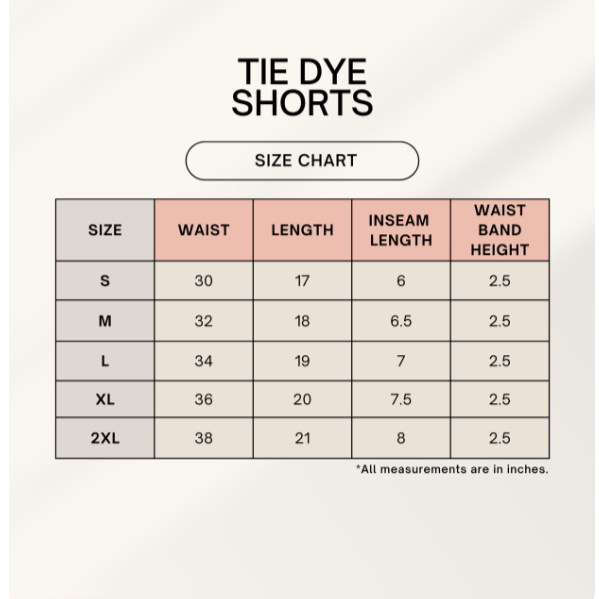 Zenrola Tie-Dye Shorts Size Chart